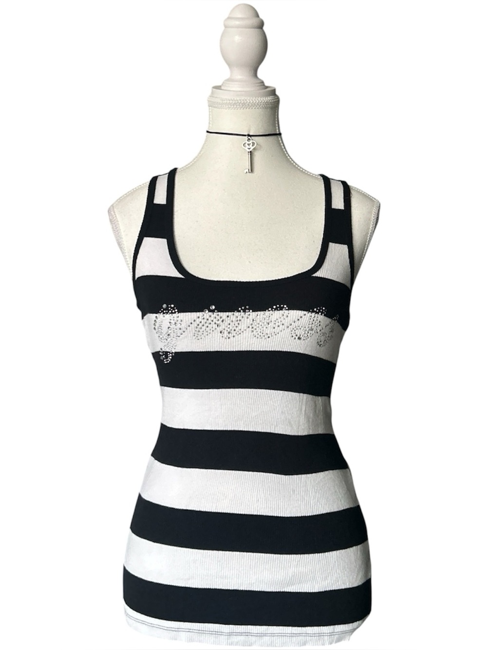 Y2K “GUESS” Black and White Rhinestone Graphic Stripe Tank Top